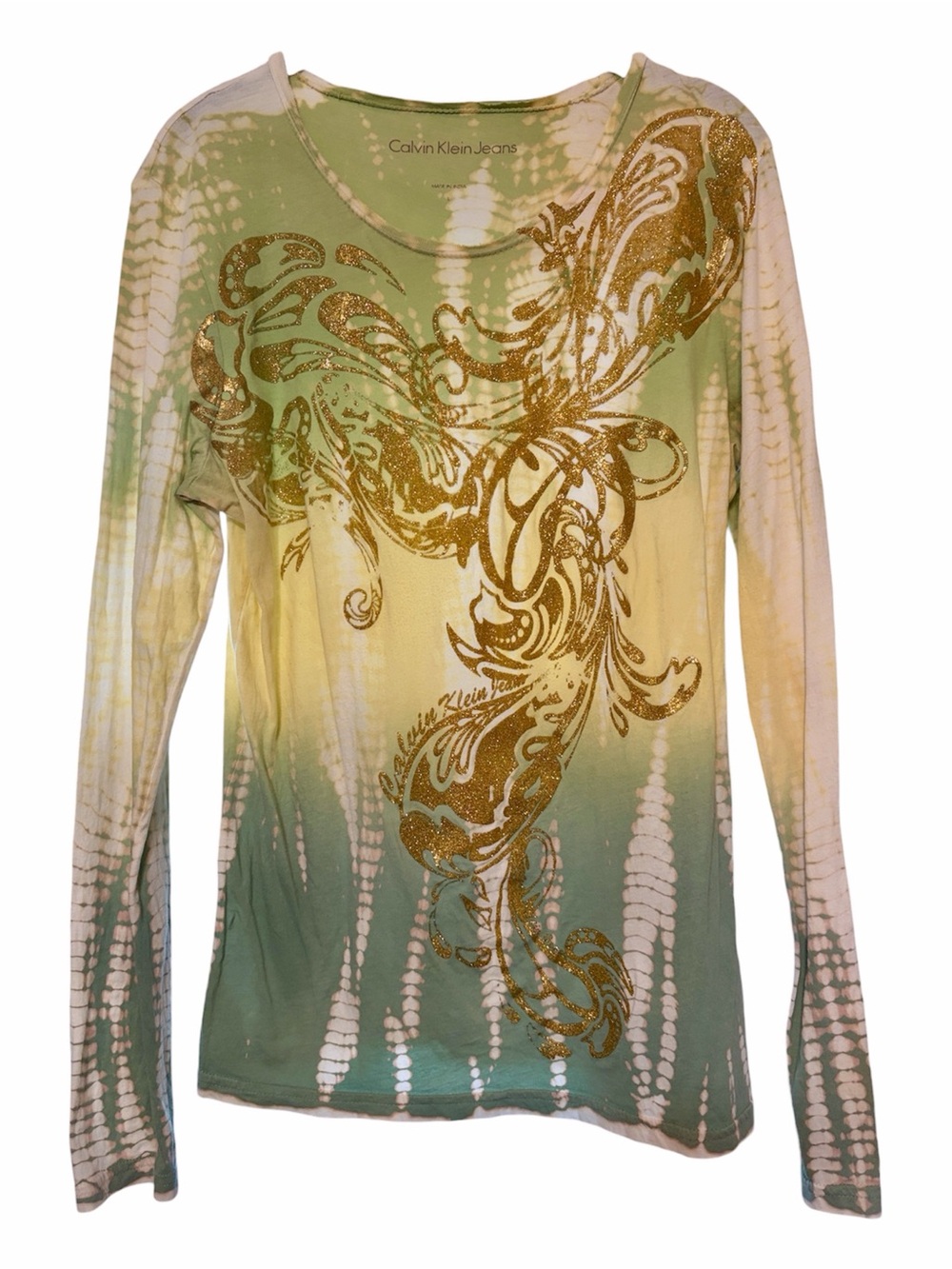 Calvin Klein Jeans Green & Yellow Tie Dye Glitter Accent Long Sleeve top Large